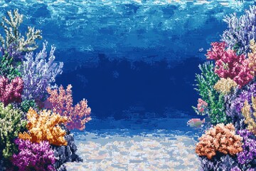 Fototapete - Pixelated Underwater Paradise with Colorful Coral and Copy Space in Clear Blue Water