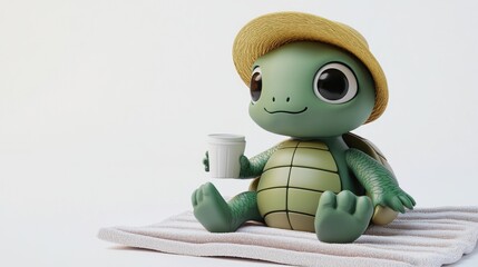 Canvas Print - A cute turtle character wearing a straw hat, sitting on a blanket and holding a drink.