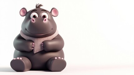 A cute, cartoonish hippopotamus wearing a scarf, sitting contentedly against a plain background.