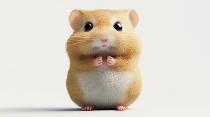 A cute, fluffy hamster with a round body and small paws, looking curiously at the viewer.