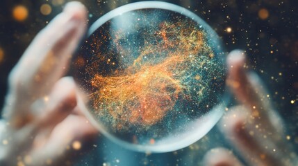 A magnifying glass held by hands uncovers stunning cosmic particles, showcasing the universe's beauty in breathtaking detail