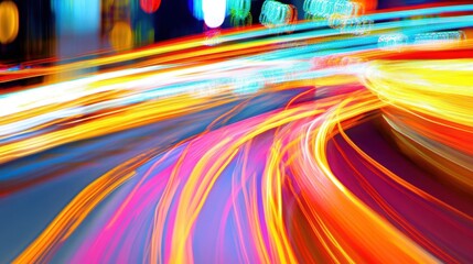 Poster - Colorful light trails ascend in a blur, capturing the energy of city life at night with vibrant colors and fluid motion