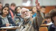 © red_orange_stock - An elderly student is eager to contribute, raising his hand amidst a classroom of attentive young learners during their lesson