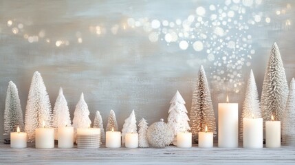 Wall Mural - Candles illuminate a winter display adorned with various snowy trees, creating a warm and inviting holiday atmosphere