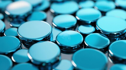 Poster - Numerous blue metallic discs cluster together, capturing reflections of light in an artistic display, creating a calming visual effect