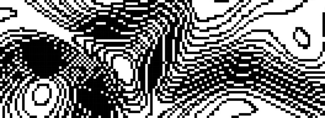Poster - Dithered wavy curved line texture. Black 8 bit pixel glitch background. Binary digitalized distorted backdrop for banner, poster, flyer, brochure, booklet. Rasterized stripes overlay wallpaper. Vector