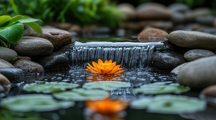 Sticker - Orange Water Lily Blooming in a Pond with a Small Waterfall