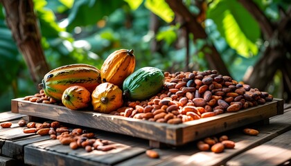 Wall Mural - Cocoa Beans Sun-Drying on Wooden Trays in a Tropical Plantation