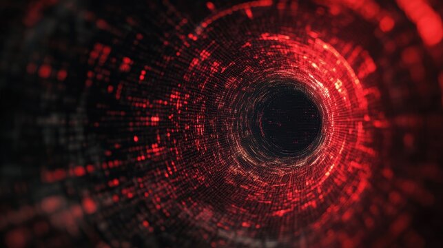A captivating red digital wormhole tunnel appears to pulse with energy, creating an immersive, dynamic atmosphere
