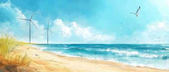 Wall Mural - Wind turbines by the sea, calm beach, golden sand, seagulls soaring, watercolor style