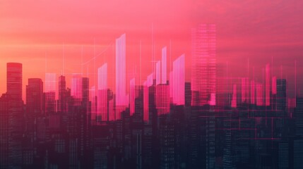 Wall Mural - Futuristic cityscape with savings bars rising, digital graphs of projected interest rates in the sky, [urban savings], [interest forecast]