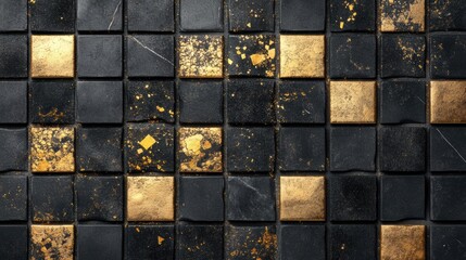 Poster - A striking black and gold mosaic tile pattern highlights luxurious details and contrasts beautifully in a modern interior design concept