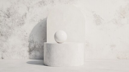 Poster - A white pedestal supports a round sphere, creating a striking minimalist display in a softly lit environment