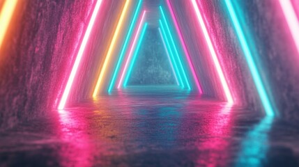 Poster - A tunnel illuminated by vibrant neon lights creates a striking and colorful pathway, inviting exploration and wonder in darkness