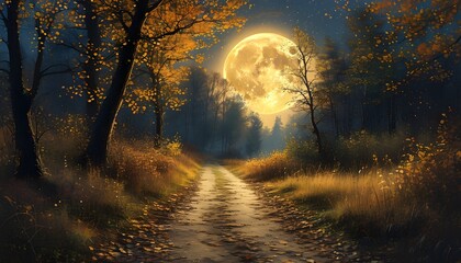 Wall Mural - Tranquil evening stroll through a wooded path illuminated by a large golden moon amidst autumn foliage