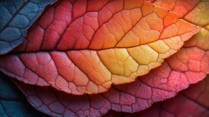 Sticker - Close-Up of Layered Fall Leaves with Vibrant Colors and Intricate Veins