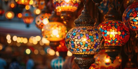 Poster - Beautiful traditional Turkish handcrafted lamps in a souvenir store Glass mosaic in vibrant colors Illuminated at night setting a warm ambiance