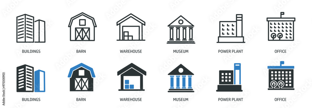 Building line and glyph solid icons collection. Minimal icon and symbol ...
