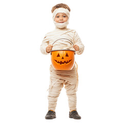 Little boy wearing Mummy costume for halloween holding a Jack o Lantern bucket front view isolate on transparency background