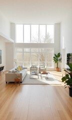 Wall Mural -  bright living room featuring light hardwood floors, modern decor with neutral tones, and ample natural lighting from expansive windows