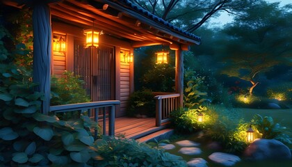 Wall Mural - Charming wooden porch lit by lanterns, nestled in lush greenery surrounded by gentle garden lights on a cozy evening