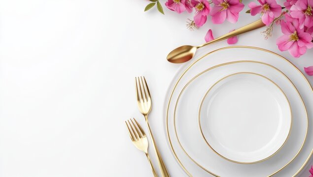 3D rendering of white plates with golden trim, cutlery, and pink flowers on the edges, flat lay, white background. 