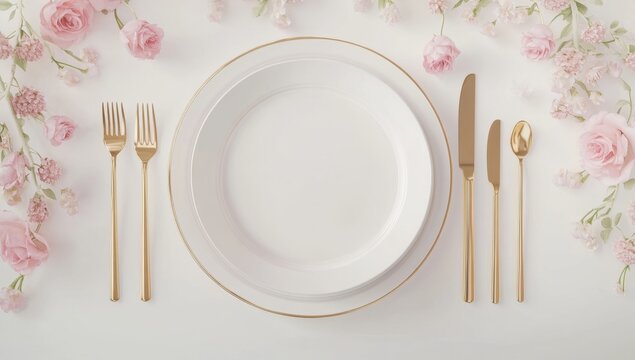 White plate with a golden knife and fork on the table, pink flowers around, top view, mockup template for a wedding invitation card, flat lay, white background, 3D rendering illustration. 