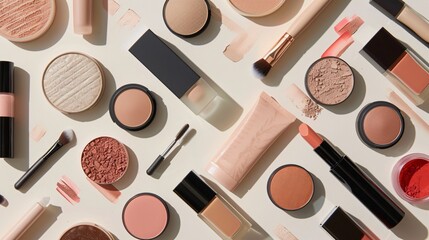 Wall Mural - Highly detailed photograph of a flat lay featuring makeup products like foundation, mascara, and blush