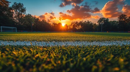 Sticker - Sunset Over a Soccer Field with a White Line in the Foreground