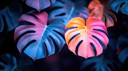 Wall Mural - Vibrant Monstera Deliciosa Leaves with Neon Hues