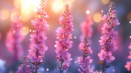 Poster - Delicate Pink Flowers with Sparkling Lights in a Soft, Blurred Background