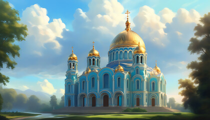 Ancient church with golden dome against the sky.