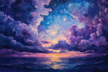 Dreamy landscape featuring a night sky filled with stars and clouds presented in an oil painting style with vibrant purple and blue hues evoking a magical and colorful atmosphere