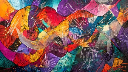 Colorful abstract art piece with intricate patterns and lines perfect for a contemporary office space