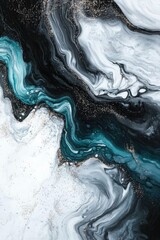 Poster - Acrylic smooth marble texture featuring glitter and a dark design Colorless abstract painting with a modern watercolor style and a retro teal splash evoking an ancient aesthetic