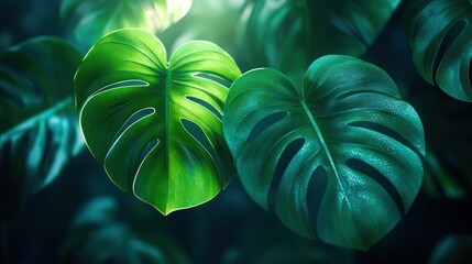 Wall Mural - Two Large, Veined Green Monstera Leaves with Dew Drops