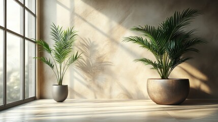 Two potted palm trees against a cream wall with a large window and sunlight streaming in.