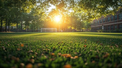 Sticker - Sunlit Grass Field with a Soccer Goal in the Background