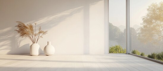 Wall Mural - Minimalist interior design featuring an empty white room wooden flooring vases and decorative elements on a large wall with a serene landscape visible through the window 3D illustration