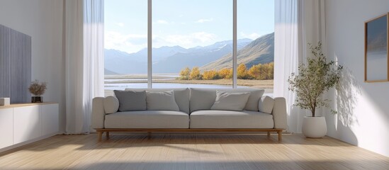 Wall Mural - Minimalist living room design featuring a sofa on wooden flooring wall decor and a white landscape visible through the window Nordic style home interior 3D rendering