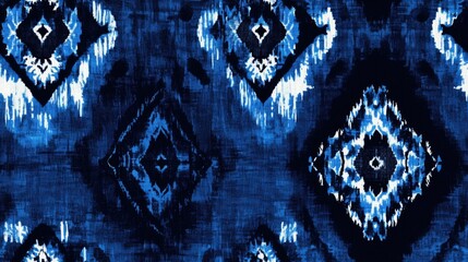 Ikat pattern featuring a dark design with Mayan influences ceremonial tile style seamless tie dye batik watercolor print splashed banner indigo colors and African inspired textured artwork