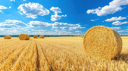 Wall Mural - Hay Bales in a Golden Field Under a Blue Sky