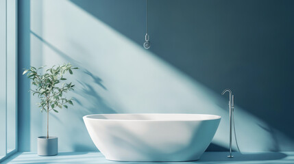 Wall Mural - Light blue decorated bathroom scene, there is a white bathtub, stylish and simple style