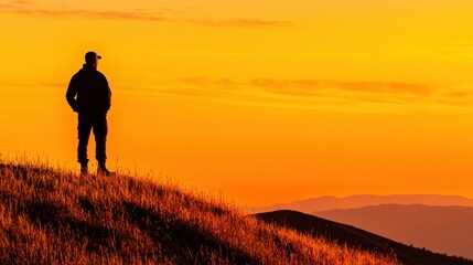 Wall Mural - Silhouette of Man on Hilltop at Sunset