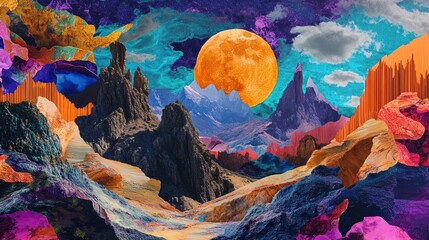 Wall Mural - Vivid Surreal Landscape artwork featuring a richly saturated collage style