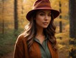 © shrinay - Beautiful woman in a stylish sweater and hat walks in the autumn forest