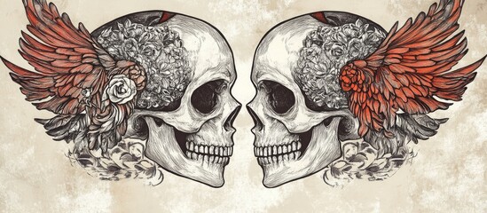 Wall Mural - Skull illustration of angelic couples Hand drawn artwork on paper