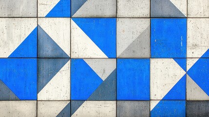 Poster - Geometric Pattern Blue Gray White Tiles Wall