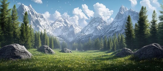 3D illustration depicting a fantastical landscape featuring mountains and pine trees