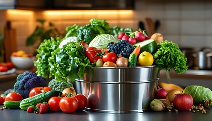 Wall Mural - Sleek stainless steel compost bucket brimming with colorful vegetables and fruits, showcasing sustainability and organic waste management in a modern kitchen environment